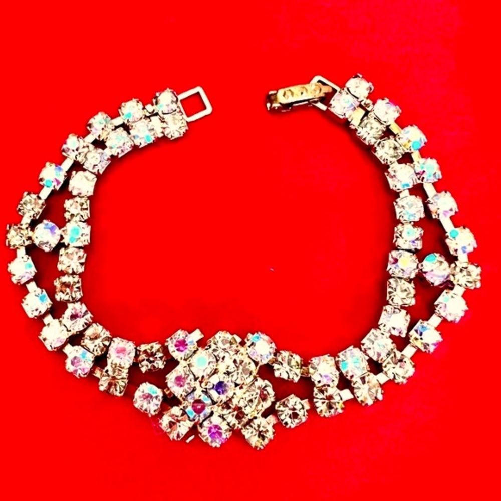 Vintage Rhinestone Aurora Borealis Wrap Bracelet Two Strand Gold Tone Setting